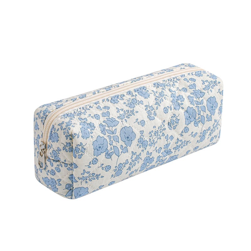 WHHJM Cute Floral Makeup Brush Bag Small Cotton Quilted Cosmetic Bag for Women Travel Toiletry Zipper Make Up Pouch (Blue Floral) - Image 1